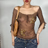 Vintage 2000's Brown Mesh Top with Gold Beaded Embroidery