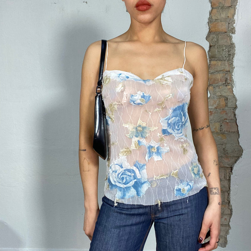 Vintage 90's White Lace Top with Blue Floral Print