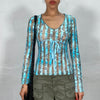 Vintage 90's Light Blue Mesh Striped and Floral Longsleeve Top (S)