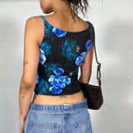 Vintage 90's Clubwear Black Highneck Top with Blue Rose Print and  Glitter Tie Dye Effect (S)