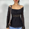 Vintage 90's Model Off Duty Black Belted Longsleeve Top with Mesh Back and Longsleeves (S/M)