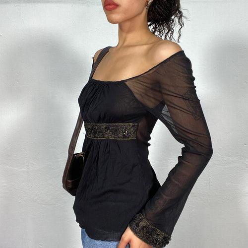 Vintage 90's Model Off Duty Black Belted Longsleeve Top with Mesh Back and Longsleeves (S/M)