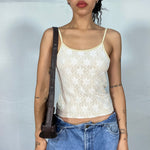 Vintage 2000's Summer Beige Top with Decorative White Lace (S)