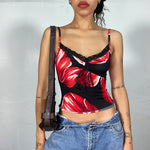 Vintage 2000's Summer and Red Black Top with Red Flower Print and Lace Trim (XS/S)
