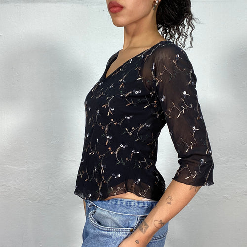 Vintage 90's Classic Black Mesh Blouse with Floral Embroidery (M/L)