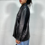 Vintage 2000's Black Faux Leather Jacket with Big Collar Detail and Shiny Finish (M)