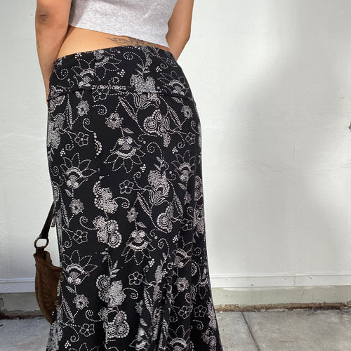 Vintage 90's Classic Black Maxi Skirt with White Pointillism Floral Print (S/M)