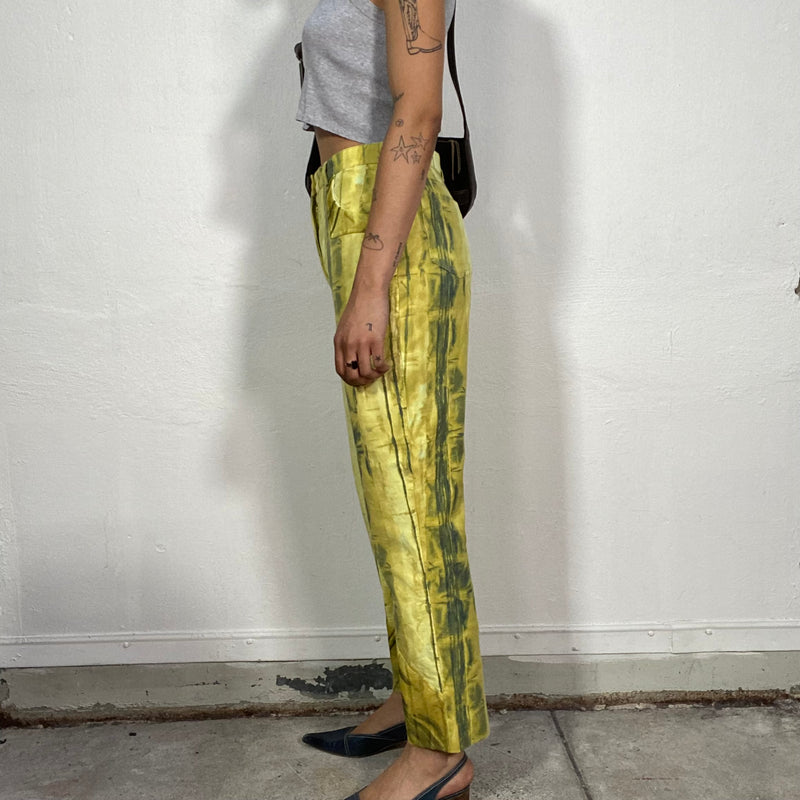 Vintage 90's Funky Mom Cut Yellow Pants with Green Pattern (M)