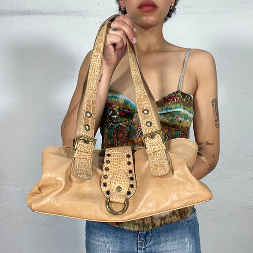 Vintage 2000's Beige Faux Leather Shoulder Bag with Snake Print Look