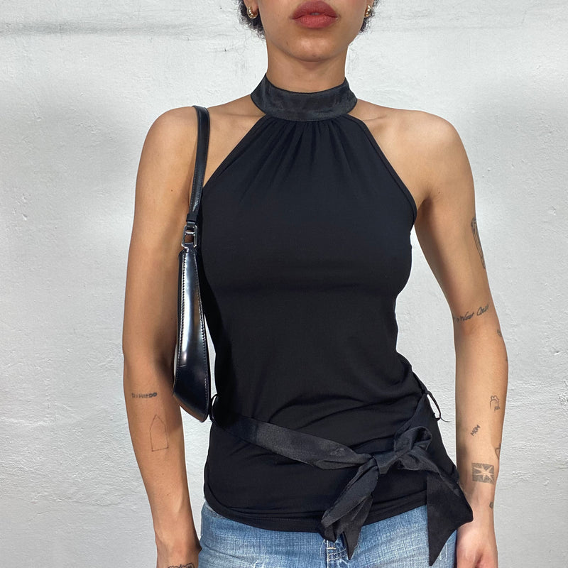 Vintage 90's Black High Neck Top with Satin Ribbon Detail (S)