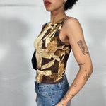 Vintage 2000's Archive Brown High Neck Top with Abstract Face Print (S)