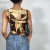 Vintage 2000's Archive Brown High Neck Top with Abstract Face Print (S)
