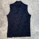 Vintage 90's Black High Neck Mesh Top with Black Rose Structure Print (S)