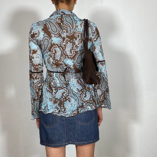Vintage 90's Summer Blue Blouse with Paisley Print and Open Collar (M)