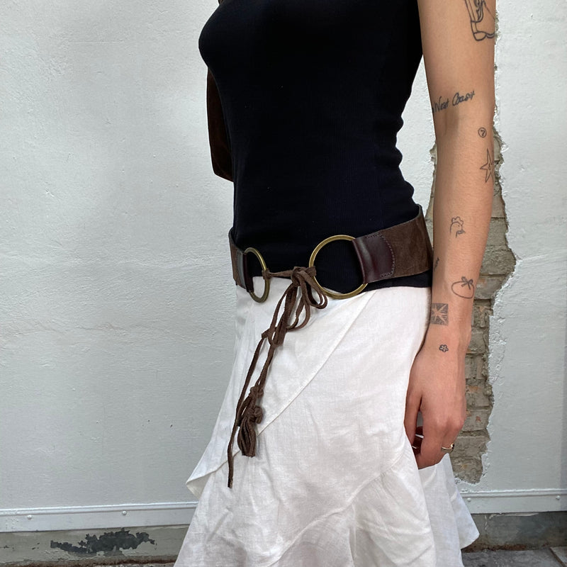 Vintage 2000's Boho Dark Brown Wild Leather Belt with Metallic Circular Details and Straps to Tie