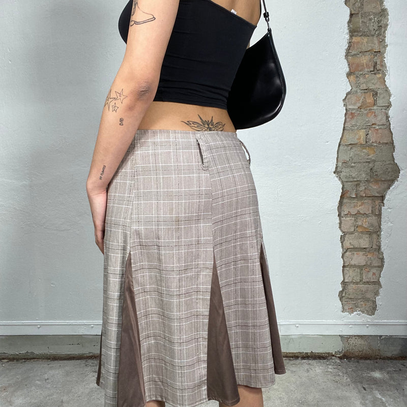 Vintage 90's Beige Plaid Midi Skirt with Brown Pleat Details
