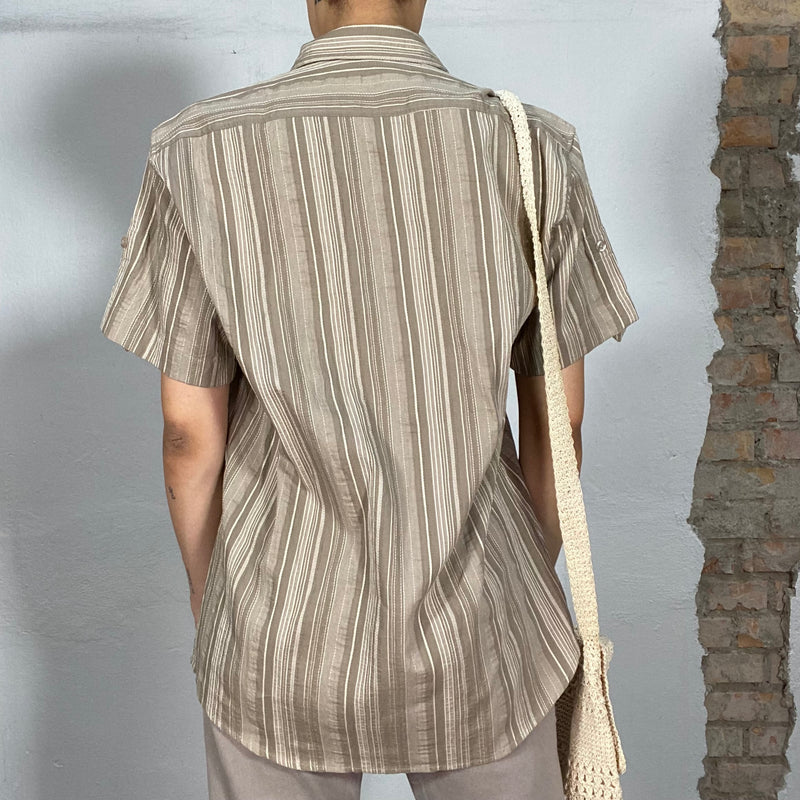 Vintage 2000's Khaki Striped Oversized Button Up Shirt (M)