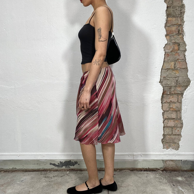 Vintage 2000's Red, Brown and Blue Striped Mesh Midi Skirt
