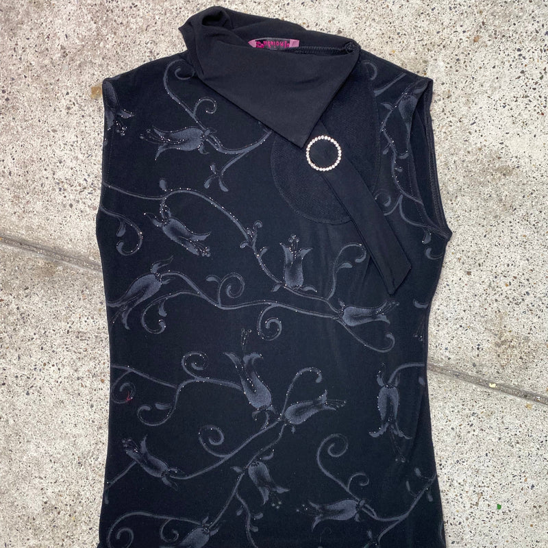 Vintage 2000's Black High Neck Top with Glitter Ornament Print and Neck Detail (S)
