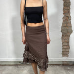 Vintage 2000's Brown Whimsigoth Brown Midi Skirt with Floral Embroidery