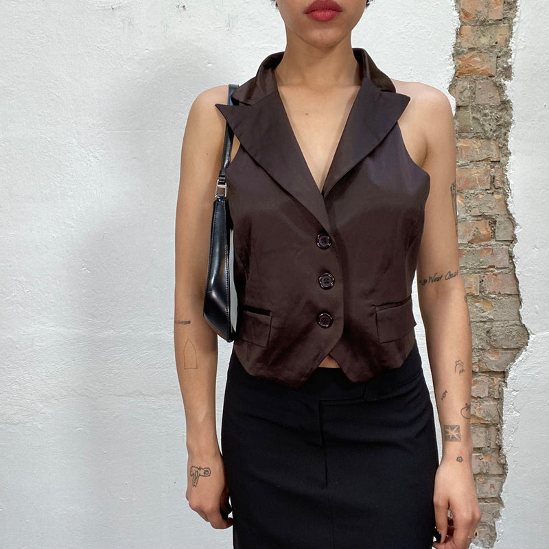 Vintage 2000's Model Off Duty Brown Cropped Satin Vest with Big Collar (S/M)