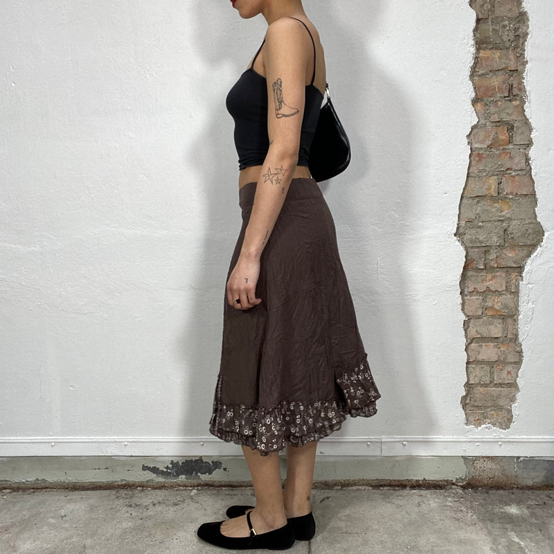 Vintage 2000's Brown Whimsigoth Brown Midi Skirt with Floral Embroidery