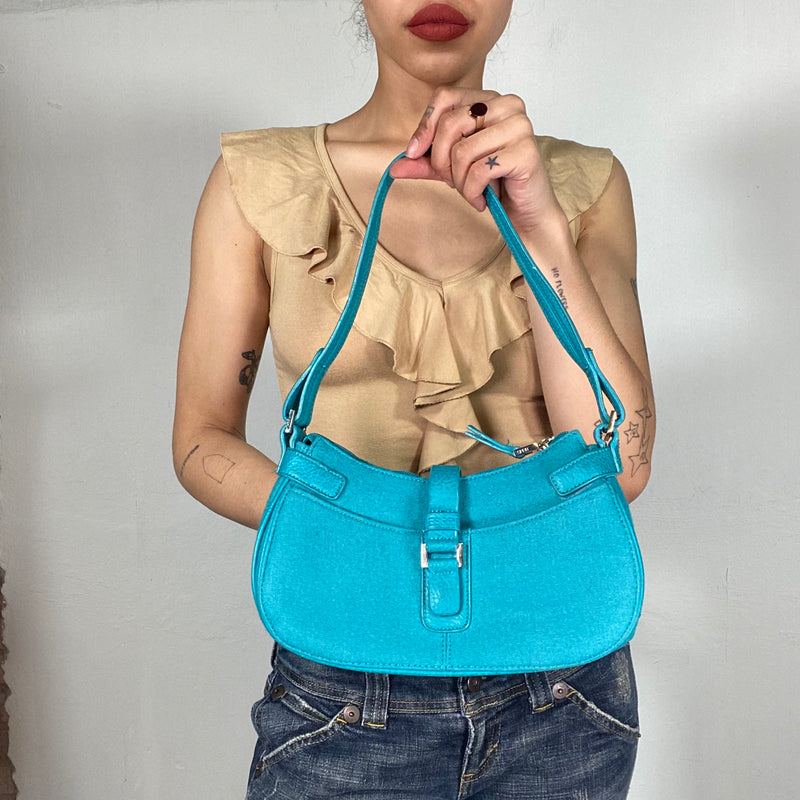 Vintage 2000's Turquoise Faux Leather and Fabric Small Shoudler Bag
