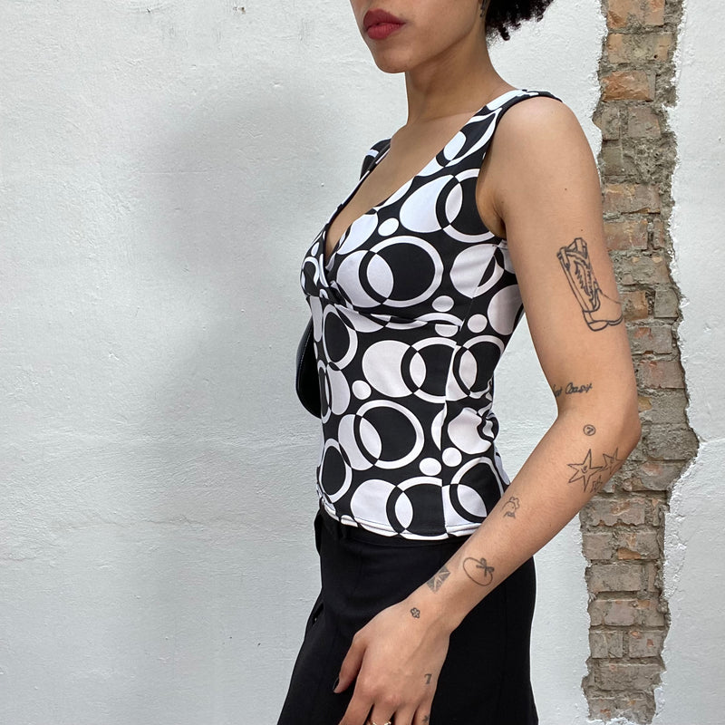 Vintage 2000's Groovy V-Neck Top with Black & White Circular Print (S)