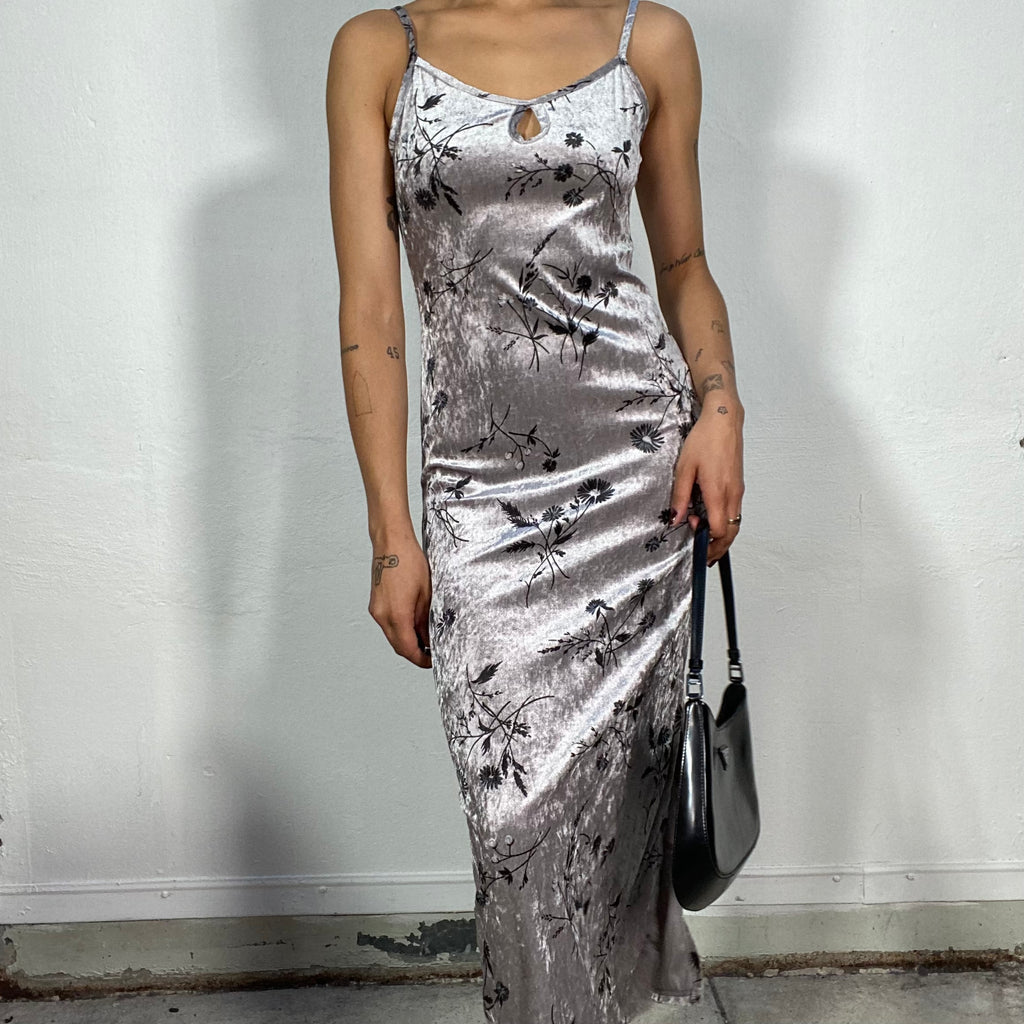Vintage 90's Phoebe Buffay Pearl Grey Maxi Velvet Dress with Black Flo – dream vintage collective