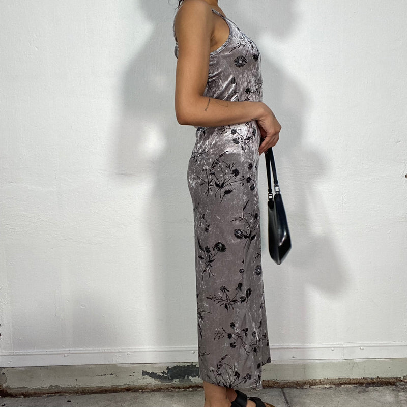 Vintage 90's Phoebe Buffay Pearl Grey Maxi Velvet Dress with Black Flo dream vintage collective Vintage 90's Phoebe Buffay Pearl Grey Maxi Velvet Dress with Black Flo dream vintage collective