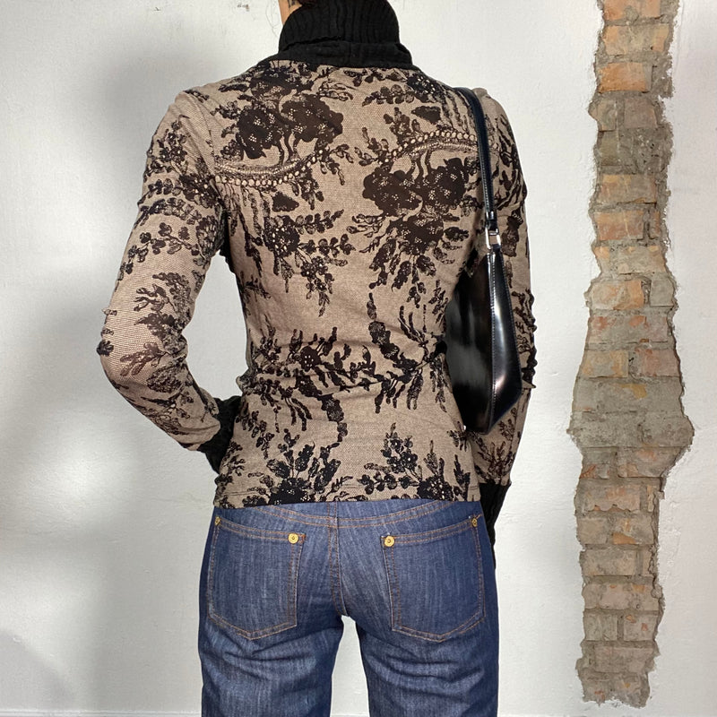 Vintage 90's Brown Turtle Neck Sweater with Black Knit Trim and Lace Print