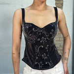 Vintage 2000's Black and Silver Corset Top with Silver Embroidery (S/M)