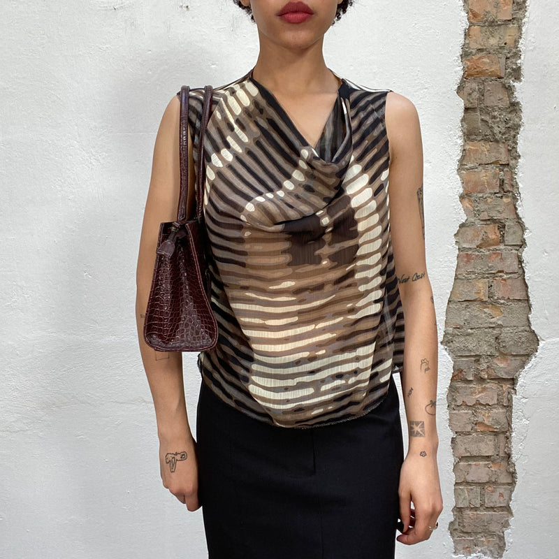 Vintage 90's Party Top in Brown with Lines Print and Cowl Neck (M)