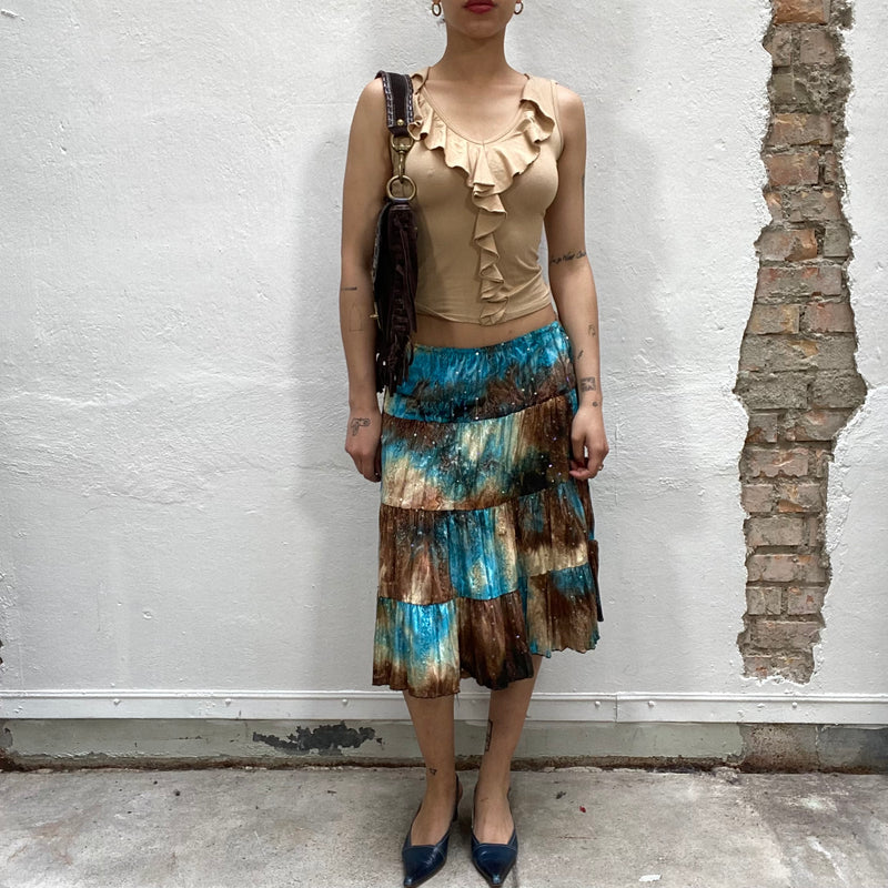 Vintage 90's Fairy Brown and Blue Batik Midi Skirt with Sequins (S/M)