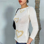 Vintage 2000's White Knit Sweater with Beige Heart Print