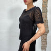 Vintage 2000's Romantic Black Knit Top with Lace Geometric Print and Puffed Sleeves (M)