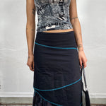 Vintage 90's Black Midi Skirt with Blue Contrast Stitching and Floral Details (S/M)