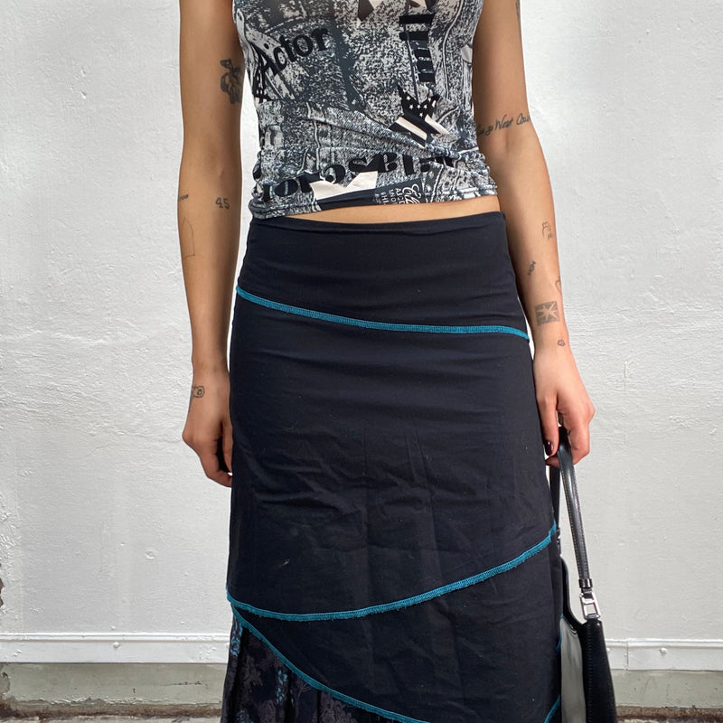 Vintage 90's Black Midi Skirt with Blue Contrast Stitching and Floral Details (S/M)