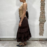 Vintage 90's Hippie Brown Maxi Skirt with Velvet Stripes (S/M)