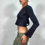 Vintage 90's Black Cropped V-Neck Longsleeve Top with Geometric Structure (S)