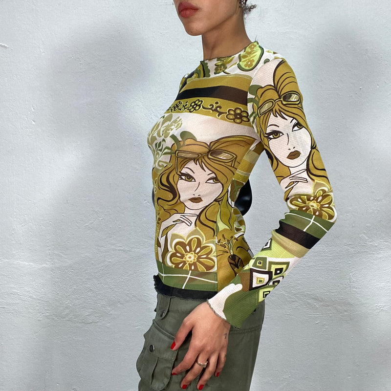 Vintage 90's Green Mesh longsleeve Top with Girl and Mandala Print (S)