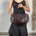 Vintage 2000's Dark Brown Shoulder Bag with Glossy Croco Leather Optics