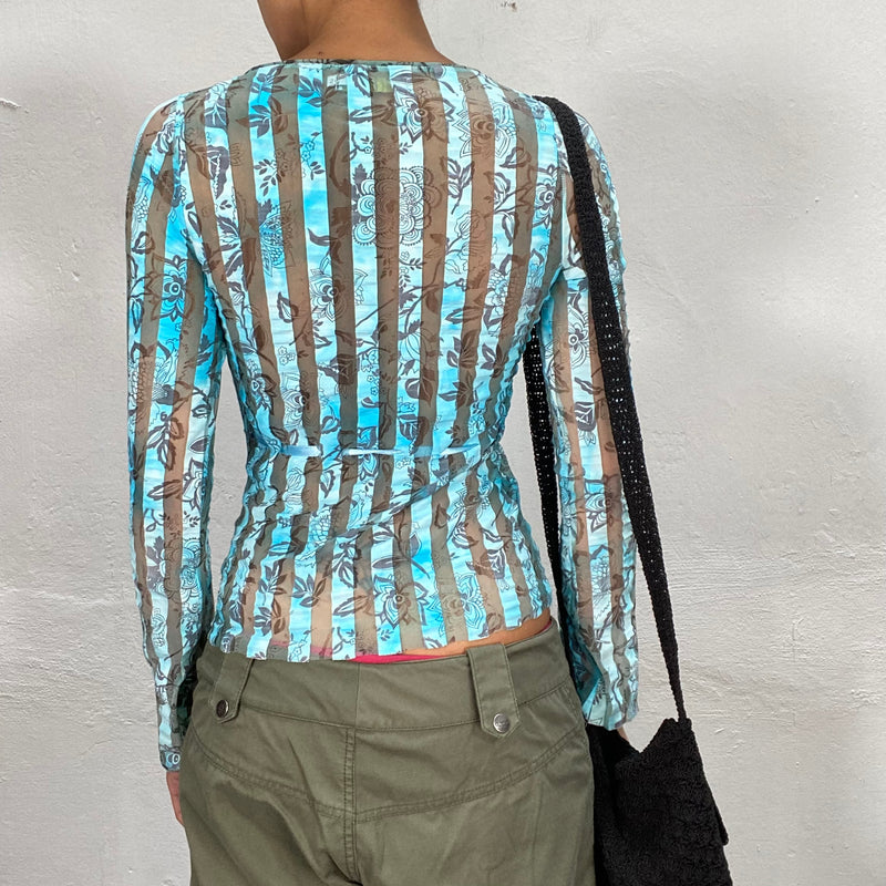 Vintage 90's Light Blue Mesh Striped and Floral Longsleeve Top (S)