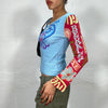 Vintage 90's Blue Top with Orange and Red Sleeves and Hippie Print (S)
