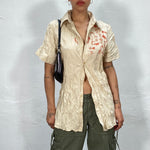 Vintage 90's Beige Wrinkly Button Up Shirt with Red Embroidery (M)