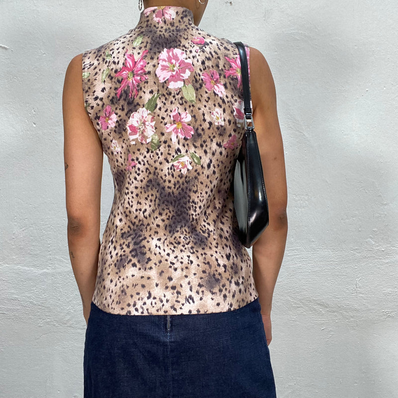 Vintage 2000's Leo Print Sleeveless Turtleneck Top with Rose Details (S)