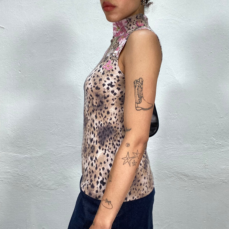 Vintage 2000's Leo Print Sleeveless Turtleneck Top with Rose Details (S)