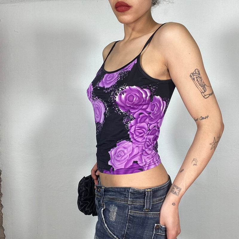 Vintage 90's Black Top with Purple Rose Print