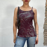 Vintage 90's Dark Red Top with Flower and Leave Print (S)