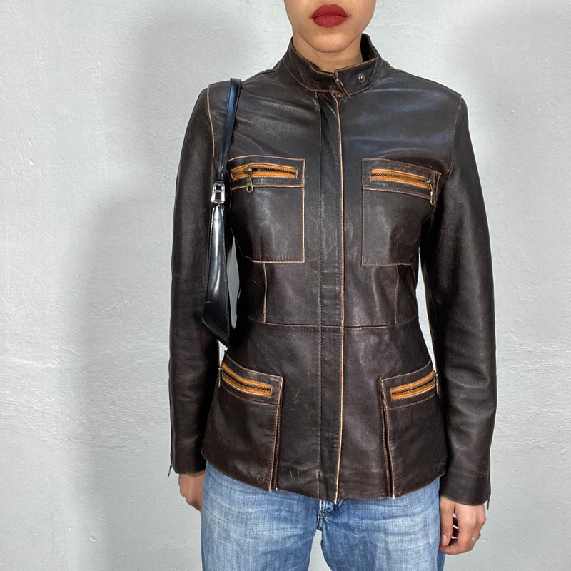 Vintage 90's Dark Brown LeatherJacket with Zipper Details